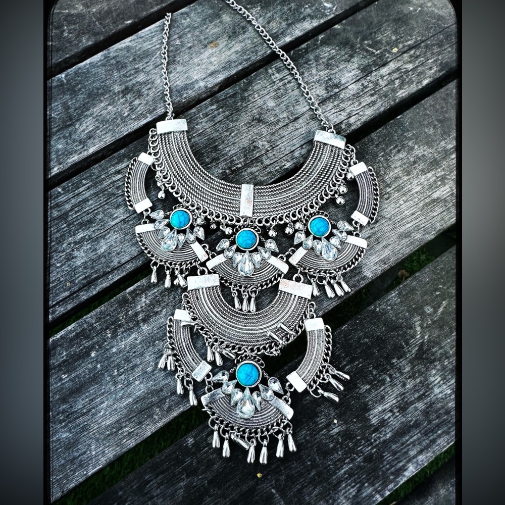 Silver and Turquoise Indian Tribal Bib Statement Necklace